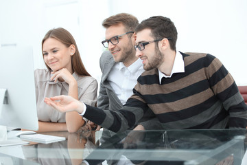 Group business partners discussing new project at meeting in office room