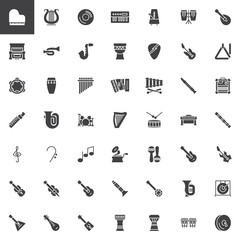 Musical instruments vector icons set, modern solid symbol collection, filled style pictogram pack. Signs, logo illustration. Set includes icons as music note, electric guitar, grand piano, saxophone