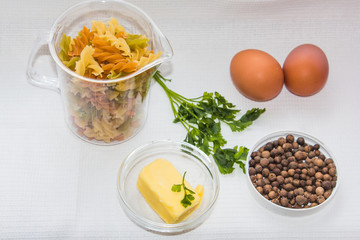 pasta, butter, greens and eggs