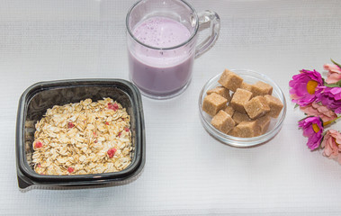 Breakfast from sugar slices and yogurt