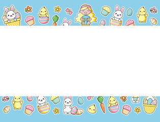 Banner of cute kawaii Easter cartoon characters. Easter bunny, chick, flower, girl and basket of easter eggs. Beautiful Kawaii vector illustration for greeting card/poster/sticker.