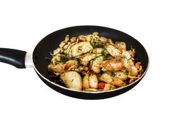 fried potatoes in a pan on a white background
