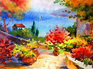Naklejka na ściany i meble Watercolor colorful bright textured abstract background handmade . Mediterranean landscape . Painting of architecture and vegetation of the sea coast , made in the technique of watercolors from nature