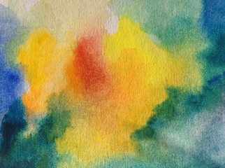 Watercolor abstract bright colorful textural background handmade . Painting of sky and clouds during sunset . Modern cosmic pattern . Shine