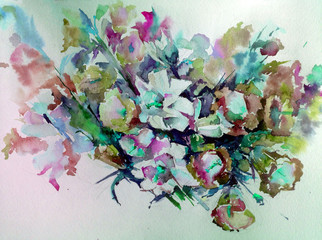 Abstract bright colored decorative background . Floral pattern handmade . Beautiful tender romantic bouquet of flowers , made in the technique of watercolors from nature.