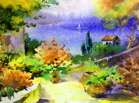 Watercolor colorful bright textured abstract background handmade . Mediterranean landscape . Painting of architecture and vegetation of the sea coast , made in the technique of watercolors from nature
