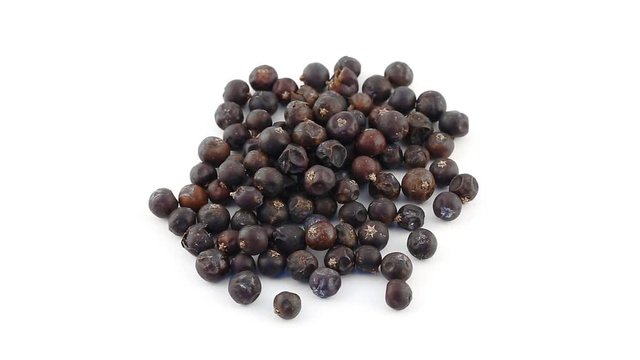 Pile of juniper berries rotating on white background top view - juniper berries are used as seasoning in the kitchen