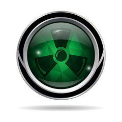 Radiation icon. Round metallic green icon.