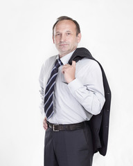 confident businessman holding a jacket over his shoulder