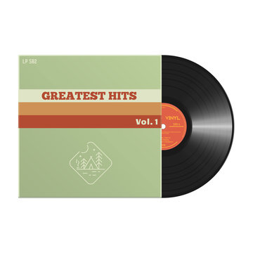 Retro style vinyl disc cover with disk. Black polyvinyl chloride disc and vintage style sleeve with text. Realistic vector vinyl record 60-80s design mockup. Vector template. 