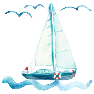 Marine illustration with vintage realistic elements: a boat with a sail in the waves, seagulls, a compass, an anchor, a steering wheel, a life preserver. Watercolor hand painted marine pattern.
