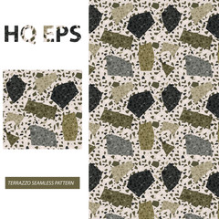 Terrazzo Seamless Pattern. Camouflage Green Flat Vector texture. Granite Tile Rock Abstract Textile Print. Home Kitchen Flooring Mosaic. Colorful Italian Wallpaper Limestone Sample. Pebble Repeat Fill
