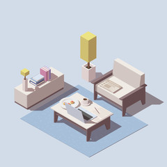 Vector isometric remote workspace or online education concept. Home office with chair, table, laptop, books and other equipment
