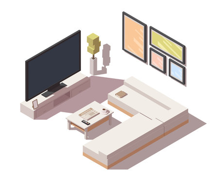Vector isometric living room interior icon. TV with sofa, table and other home equipment