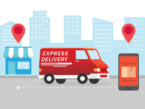 Express delivery concept. Delivery service app on mobile phone. Delivery service app on mobile phone. Cargo service and mobile phone with cityscape. Delivery van and mobile phone on city background