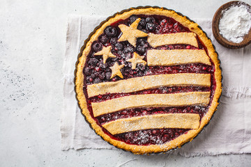 American flag berry pie, top view. Independence Day of America concept.