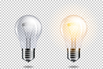 Set of realistic transparent light bulb with cogwheels, isolated.