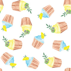  watercolor pattern with pink purple yellow cupcakes with fruit, kiwi, cherry, strawberry