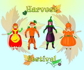 children in carnival costumes of vegetables on the background of autumn leaves