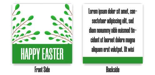 Easter Postcard. Greeting or Invitation with Green Branches. Front Side and Backside of Postcard. Vector illustration for Your Design, Web, Print.