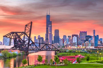 Poster Chicago, Illinois, VS park en skyline van de binnenstad © SeanPavonePhoto