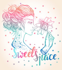 Vector illustration. Girl with a lollipop in hands. Lettering sweet space. Handmade, prints on T-shirts, tattoos, background white, Pink blue color