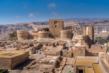 Almeria medieval castle panorama with blue sky from the air in Andalusia Spain former Arab stronghold
