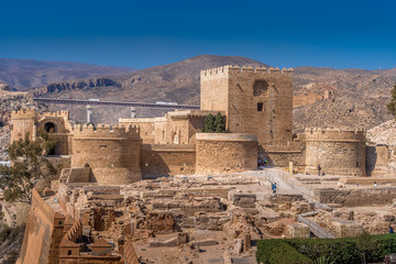 Almeria medieval castle panorama with blue sky from the air in Andalusia Spain former Arab stronghold