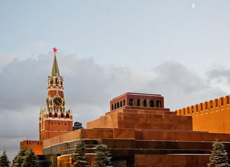 Lenin's Mausoleum and Spasskaya Tower, Red square, winter, Moscow, Russia