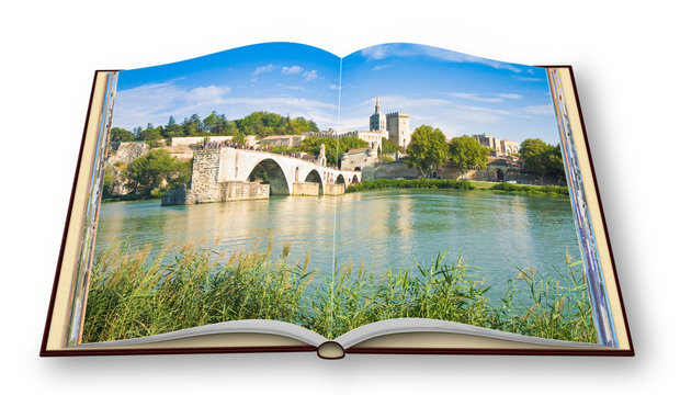 Avignon city with the ancient broken medieval bridge of Saint Benezet (Europe-France-Provence) - 3D render concept image of an opened photo book isolated on white - I'm the copyright owner of the imag