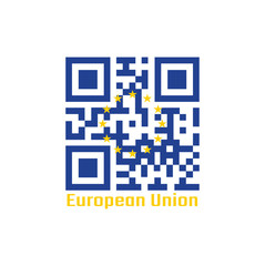 QR code set the color of Europe flag. A circle of twelve five-pointed yellow stars on a blue field.