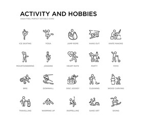 set of 20 line icons such as disc jockey, downhill, bmx, party, heart rate, jogging, mountaineering, hang out, jump rope, yoga. activity and hobbies outline thin icons collection. editable 64x64