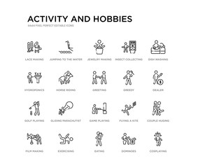set of 20 line icons such as game playing, gliding parachutist, golf playing, greedy, greeting, horse riding, hydroponics, insect collecting, jewelry making, jumping to the water. activity and