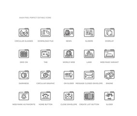 set of 20 line icons such as on slider, circular graphic, darkness, land, world web, tab, grid on, sliders, news, download file. web outline thin icons collection. editable 64x64 stroke