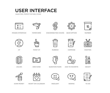 set of 20 line icons such as question mark, one hund, unlink, compose, rubbish, point at, cf, gear option, disconnected chains, paper bird. user interface outline thin icons collection. editable