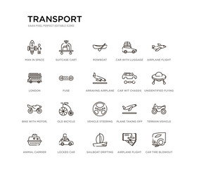 set of 20 line icons such as vehicle steering wheel, old bicycle, bike with motor, ios 7 interface, car wit chassis, arraving airplane, fuse, london, car with luggage, rowboat, suitcase cart.