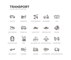 set of 20 line icons such as sailing boat with veils, pram, train front view, airplane flying, luxury yacht, school van, yacht navigate, scooter bike, flying aeroplane top view, fishing boat.
