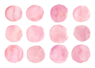 Watercolor abstract circle shapes isolated on white background. Painted round splashes, dots, splatters, background blobs. Hand drawn painted design elements in pink.