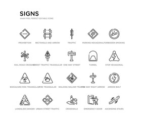 set of 20 line icons such as walking walker traffic, fire triangular, biohazard risk triangular, tunnel, one way street, street traffic triangular, rail road crossing cross, parking hexagonal,