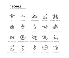set of 20 line icons such as teacher reading, masculine avatar, rehabilitation, psychologist, paramedic, pulmonary, chiropractic, recovery, physiotherapy, push ups. people outline thin icons