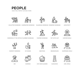 set of 20 line icons such as bestman, sit down, chemist working, vet with cat, farmer working, plumber working, at the office, sweeper salesman carpenter people outline thin icons collection.