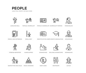 set of 20 line icons such as downstairs, handicapped, foreign reporter, students graduation hat, identification ard, small boy, pencil and notebook, journalist woman talking about culture, female