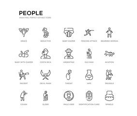 set of 20 line icons such as throat, devil mask, pacient, old man, argentina, costa rica, baby with diaper, fencing attack, baby diaper, seductive. people outline thin icons collection. editable