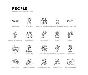 set of 20 line icons such as navigation helm, blind date, hip, emoji, boyfriend, girlfriends, person with broken arm, mother with baby in arms, family of heterosexual couple, baby face. people