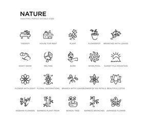 set of 20 line icons such as branch with leaves, floral decorations, flower with eight petals, whirlpool, burn, melting, night snow, flowerpot, plant, house for rent. nature outline thin icons