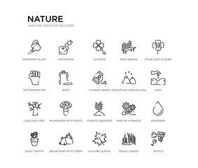 set of 20 line icons such as plants growing, mushroom with spots, leafless tree, mountains and falling snowflakes, flower seeds, wate, determination, park bench, clovers, asteroids. nature outline
