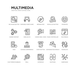 set of 20 line icons such as start button, science conference, paid, music controller, cinema reel video camera, web log in, share content, movie clip button, broken disc, portable video game