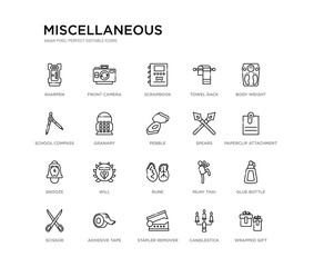 set of 20 line icons such as rune, will, snooze, spears, pebble, granary, school compass, towel rack, scrapbook, front camera. miscellaneous outline thin icons collection. editable 64x64 stroke