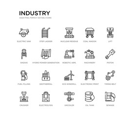 set of 20 line icons such as eco windmill, geothermal, fuel filling, machinery, robotic arm,, hydro power generation, sheave, coal wagon, nuclear residue, step ladder. industry outline thin icons