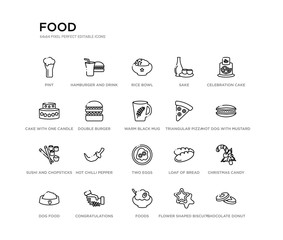 set of 20 line icons such as two eggs, hot chilli pepper, sushi and chopsticks, triangular pizza slice, warm black mug, double burger, cake with one candle, sake, rice bowl, hamburger and drink.